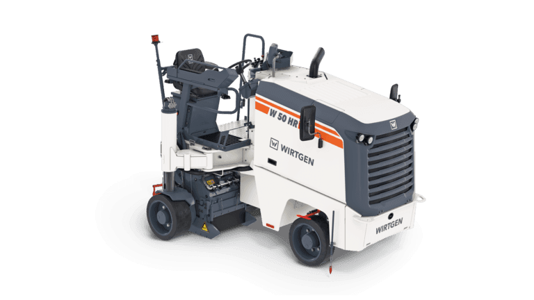 The Wirtgen W 50 HR is a small-class cold milling machine featuring a high-discharge conveyor for direct truck loading, a compact tracked chassis, and a narrow milling drum designed for precision surface removal on tight or smaller road maintenance projects.