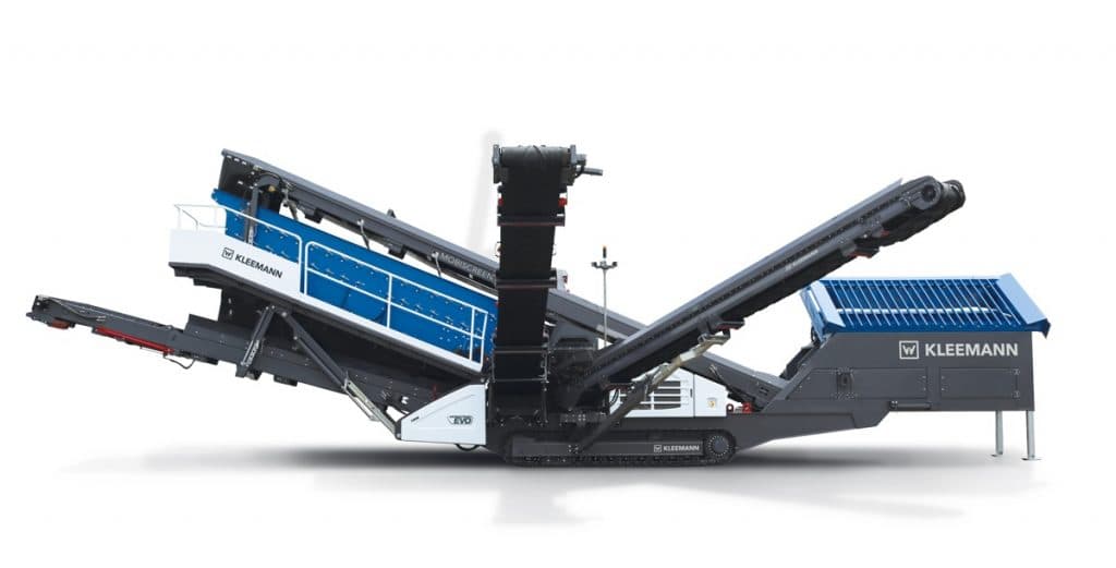The Kleemann MOBISCREEN MSC 703 EVO is a compact mobile classifying screen featuring a triple-deck screen box, tracked undercarriage, and multiple discharge conveyors, designed for producing well-graded final aggregates in natural stone and recycling applications.