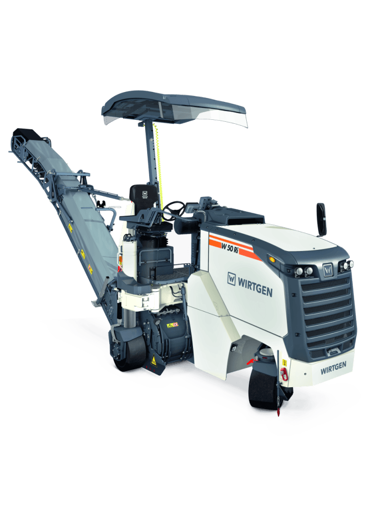 Wirtgen W 50 R small-class cold milling machine, featuring its compact tracked frame, milling drum, and side-loading conveyor designed for precise, narrow-cut milling on smaller road repair jobs.