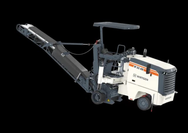 The Wirtgen W 55 HR is a small-class cold milling machine featuring a high-discharge conveyor for direct truck loading, a compact tracked undercarriage, and a precision milling drum designed for efficient surface removal on narrower or smaller-scale road repair jobs.