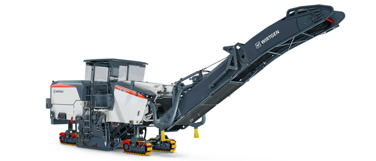 A detailed side profile of the Wirtgen W 200 cold milling machine, showcasing its large milling drum, conveyor system, and rugged tracked undercarriage built for high-performance road surface removal.