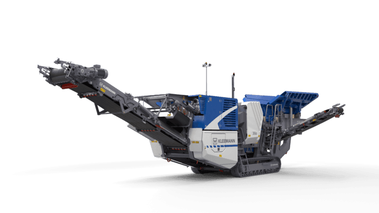 Kleemann MOBICAT MC 110 EVO2 mobile jaw crusher on a job site, featuring its tracked chassis, large feed hopper, and jaw crushing unit designed for high-capacity primary crushing.