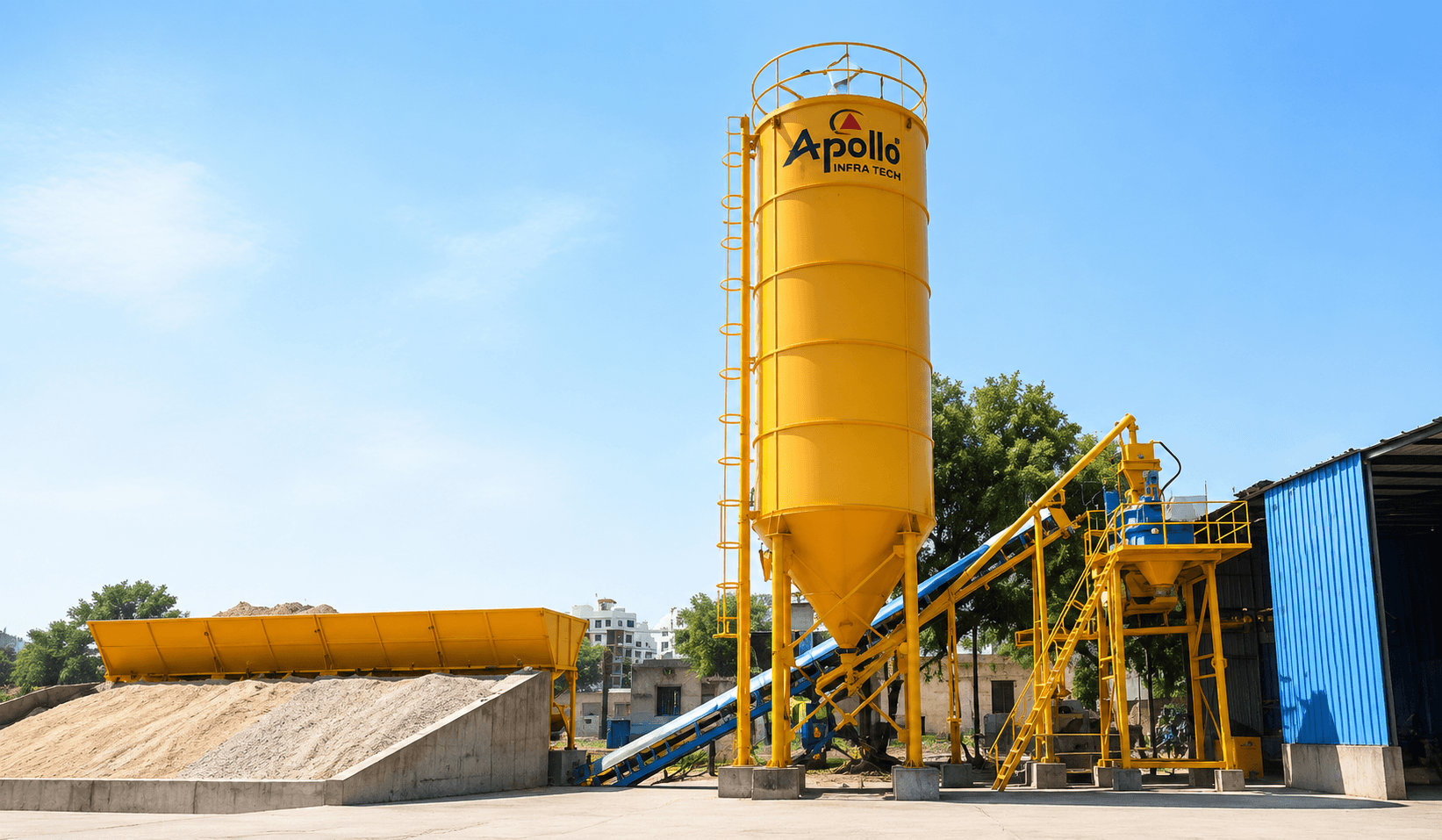 The second image shows the Apollo Inffratech ATP 30 concrete batching plant on display, highlighting its aggregate hopper, mixing unit, and structural framework designed for on-site concrete batching operations.