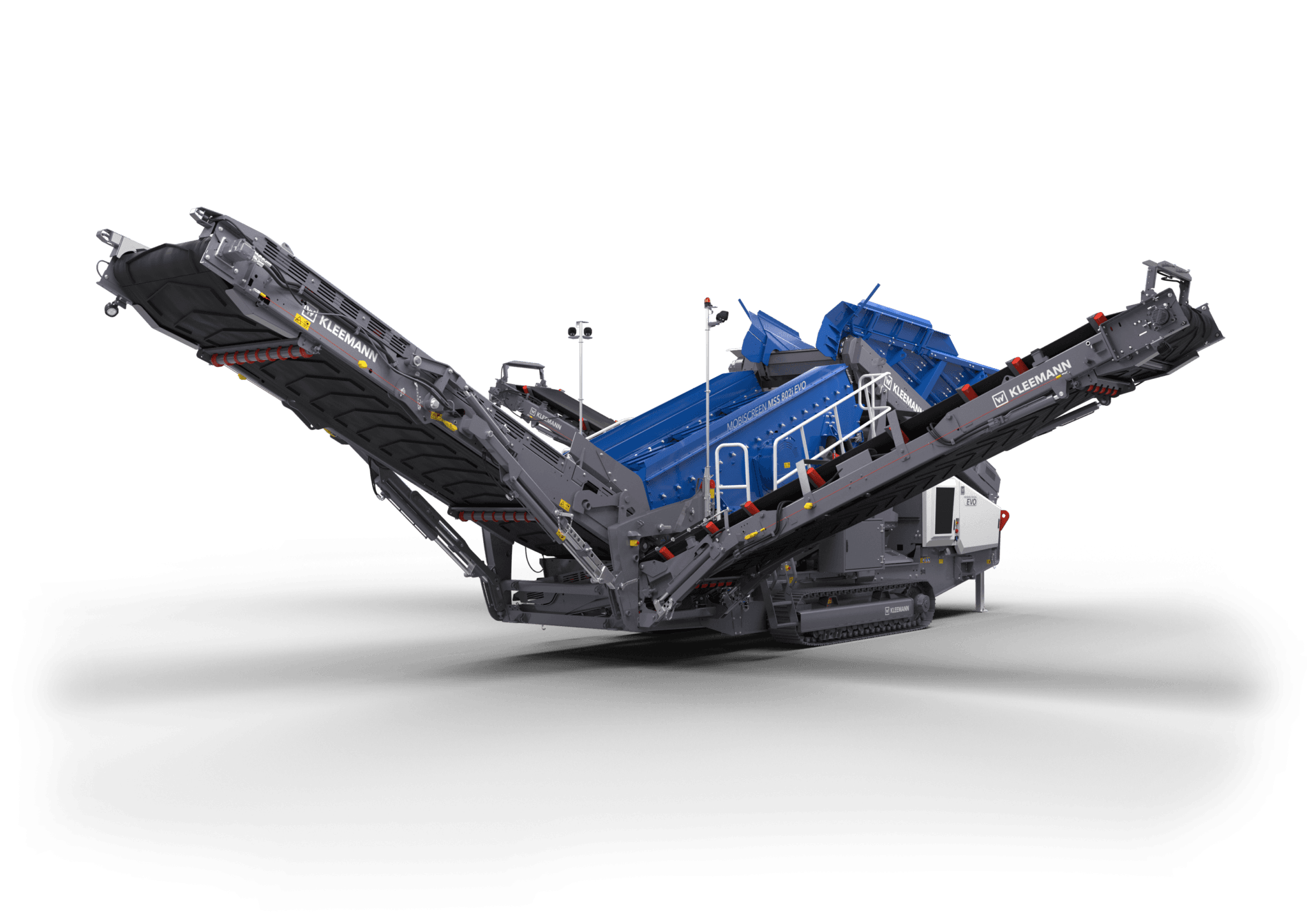 Kleemann MOBISCREEN MSS 802 EVO mid-size mobile scalping screen, featuring its double-deck screen casing, tracked undercarriage, and feed conveyor built for versatile coarse material sorting on job sites.