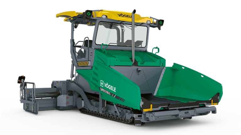 Vögele SUPER 2100-5 X road paver, a large-class paver featuring its extended tracked undercarriage, high-capacity hopper, and advanced screed system designed for wide, high-productivity asphalt paving on major road projects.