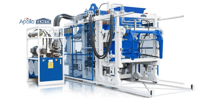 Apollo Zenith ZN 600 fully automatic concrete block making machine, featuring its hydraulic pressing station, mould handling unit, and conveyor system designed for consistent mid-capacity production of concrete blocks and pavers.
